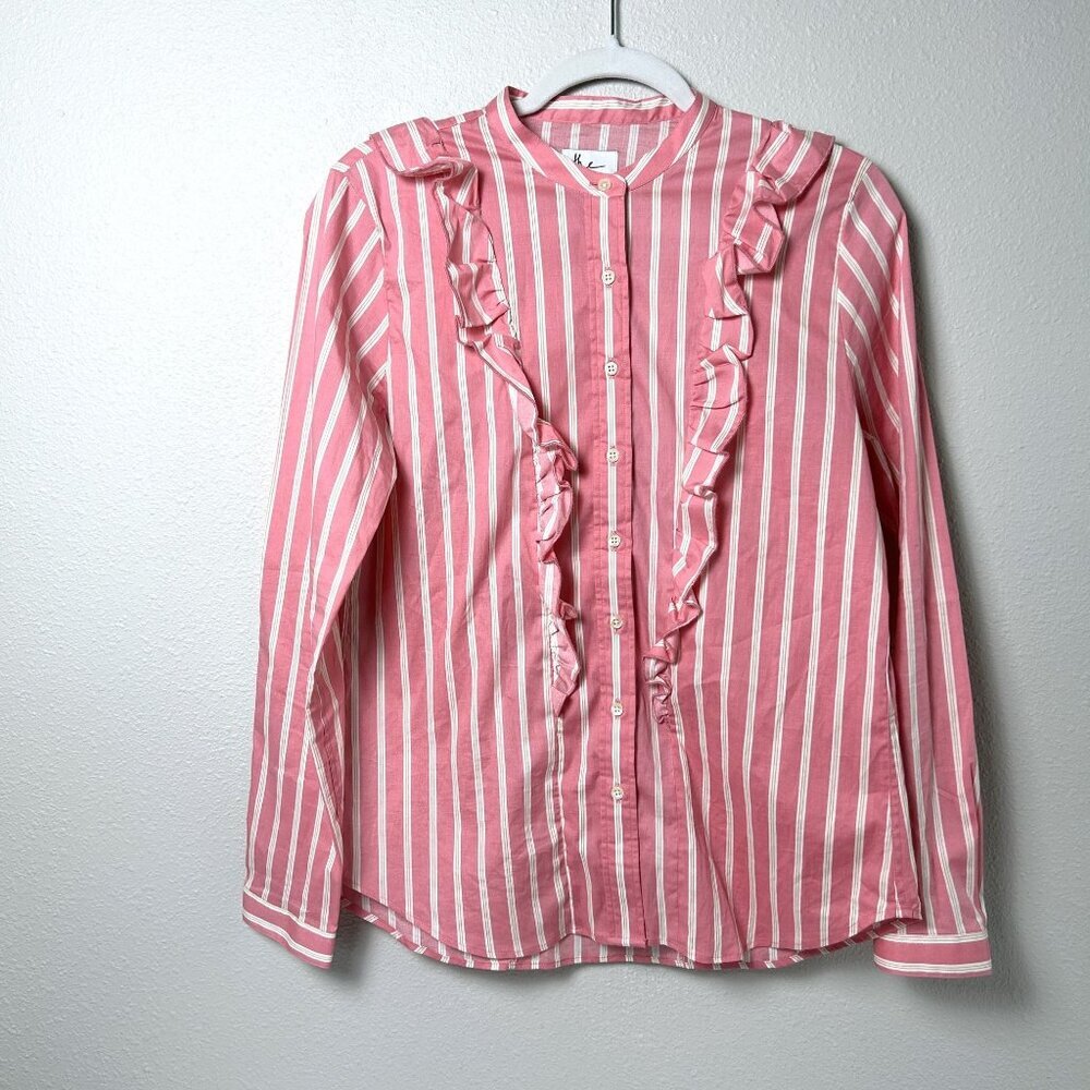 The Shirt Rochelle Behrens Button Up Ruffle Size M Pink Striped Long‎ Sleeves